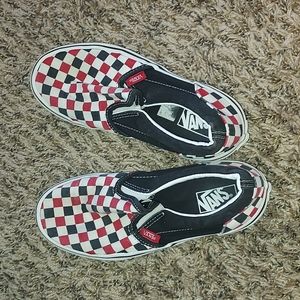 Kids red black and white vans lightly used size three and a half